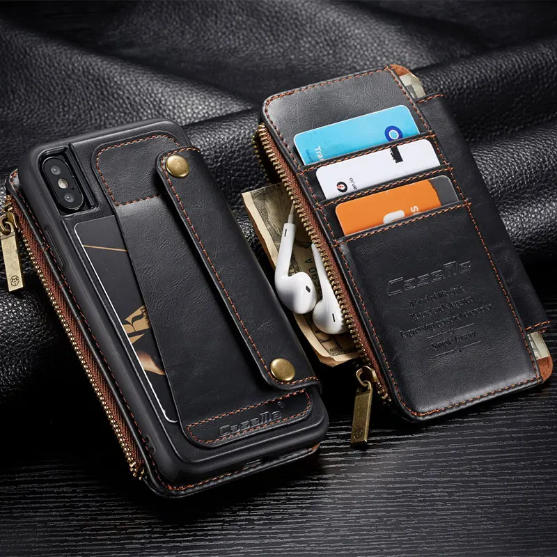 

CaseMe Case for IPhone X 6 7 8 Plus Retro Genuine Leather Metal Zipper 2 In 1 Flip Wallet Card Holder Cover for IPhone XS Max XR