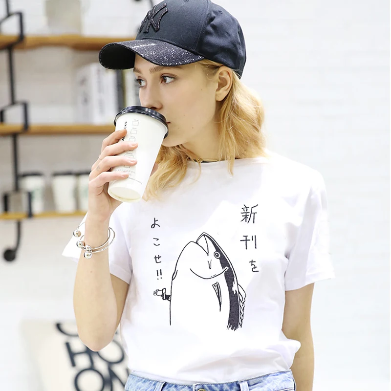 

Harajuku T-Shirts Women Short Sleeve Fish Gun Dinosaur Print Japanese O-Neck Female Tops Summer Fashion Casual TShirt Ladies Tee