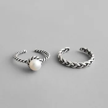 

Punk Street VINTAGE 100% 925 Sterling Silver Simple Geometric twisted Simulated Pearl Rings for Women Luxury Fine Jewelry