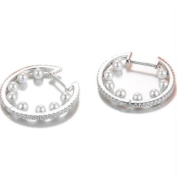 

[MeiBaPJ]Round Pearl Real 925 Sterling Silver Earrings for Women Cubic Zircon Crystal Circle Earrings Fine Jewelry Gift