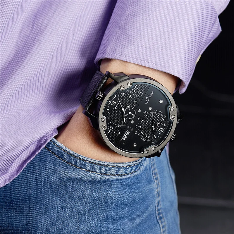Pulseira de Couro Relógio de Quartzo Relógio de Pulso de Luxo Oulm Masculino Casual Esportes Relógios Design Exclusivo Grande Relógio Duplo Fuso Horário