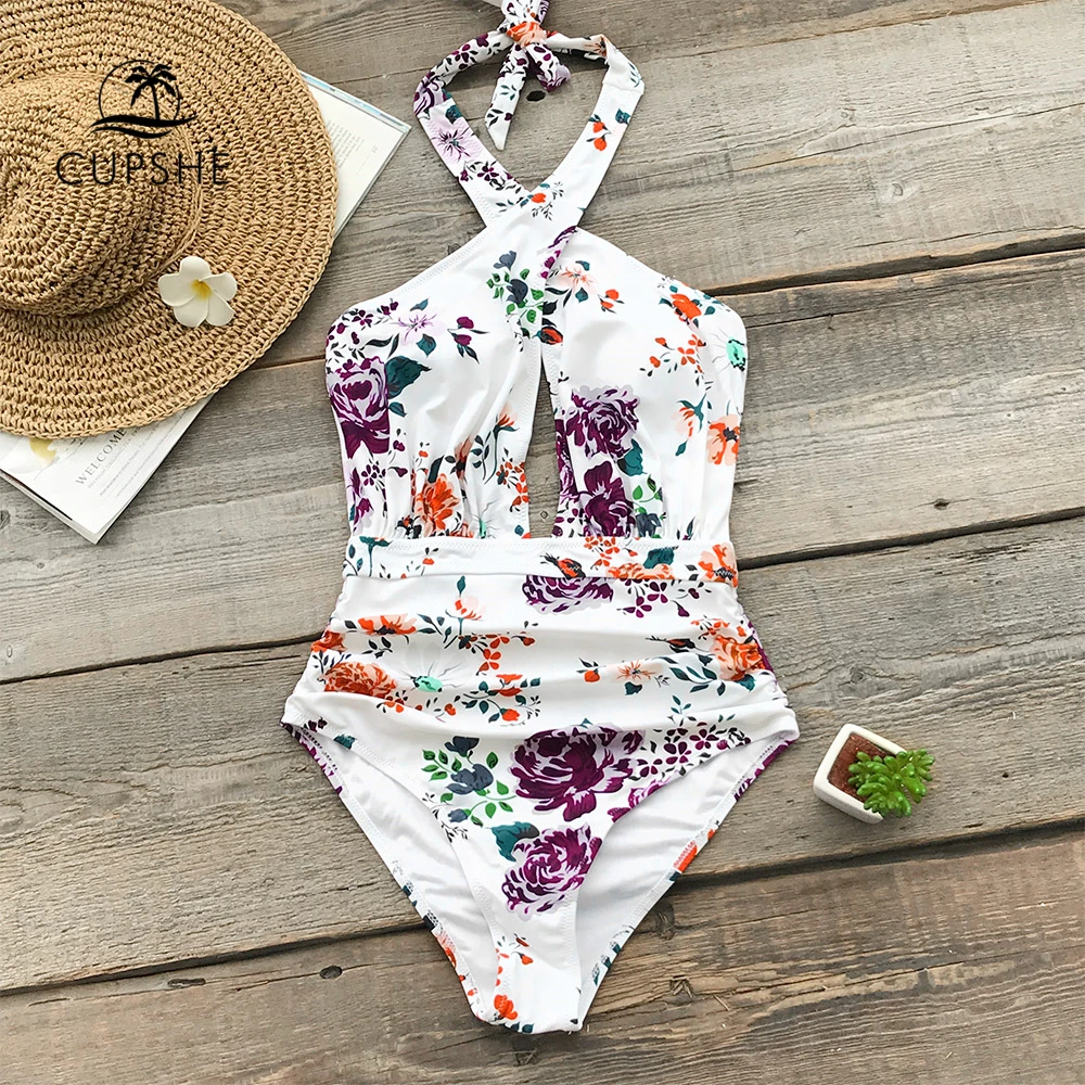 Billige CUPSHE Floral Print Geraffte Halter One Stück Badeanzug Frauen Kreuz Ausschnitt Monokini Bademode 2020 Mädchen Strand Badeanzüge