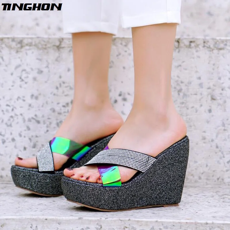

TINGHON Summer Wedge Slippers bling Bling Rhinestone Sandals High Heels Women Outside Shoes Wedge Slipper Flip Flop Sandals