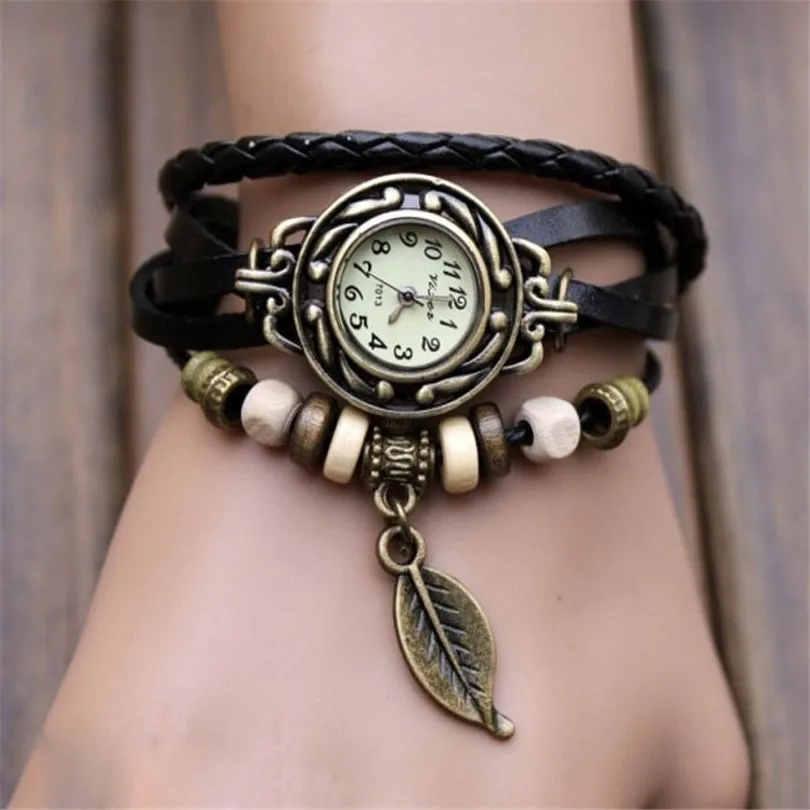 

Hot Selling Womens Bracelet Watch 2017 Fashon Women's Weave Wrap Quartz Leather Leaf Beads Wrist Watch Creative Oct10