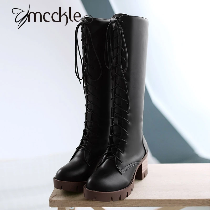 

MCCKLE Fashion Women's Knight Boots Thick Heel Lace up Platform Knee High Boots 2016 Winter Warm Casual Leather Long Boots Woman