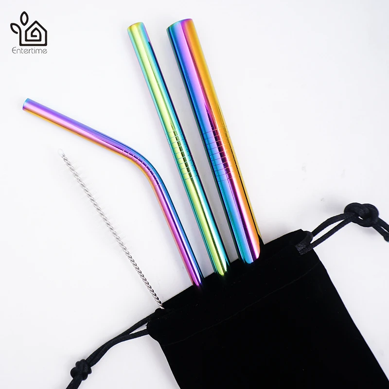 Entertime Set of 3pcs reusable Stainless Steel Drinking Straws smoothie straws+1 pc cleaner brush with pouch bag 3 sets/lot | Дом и сад