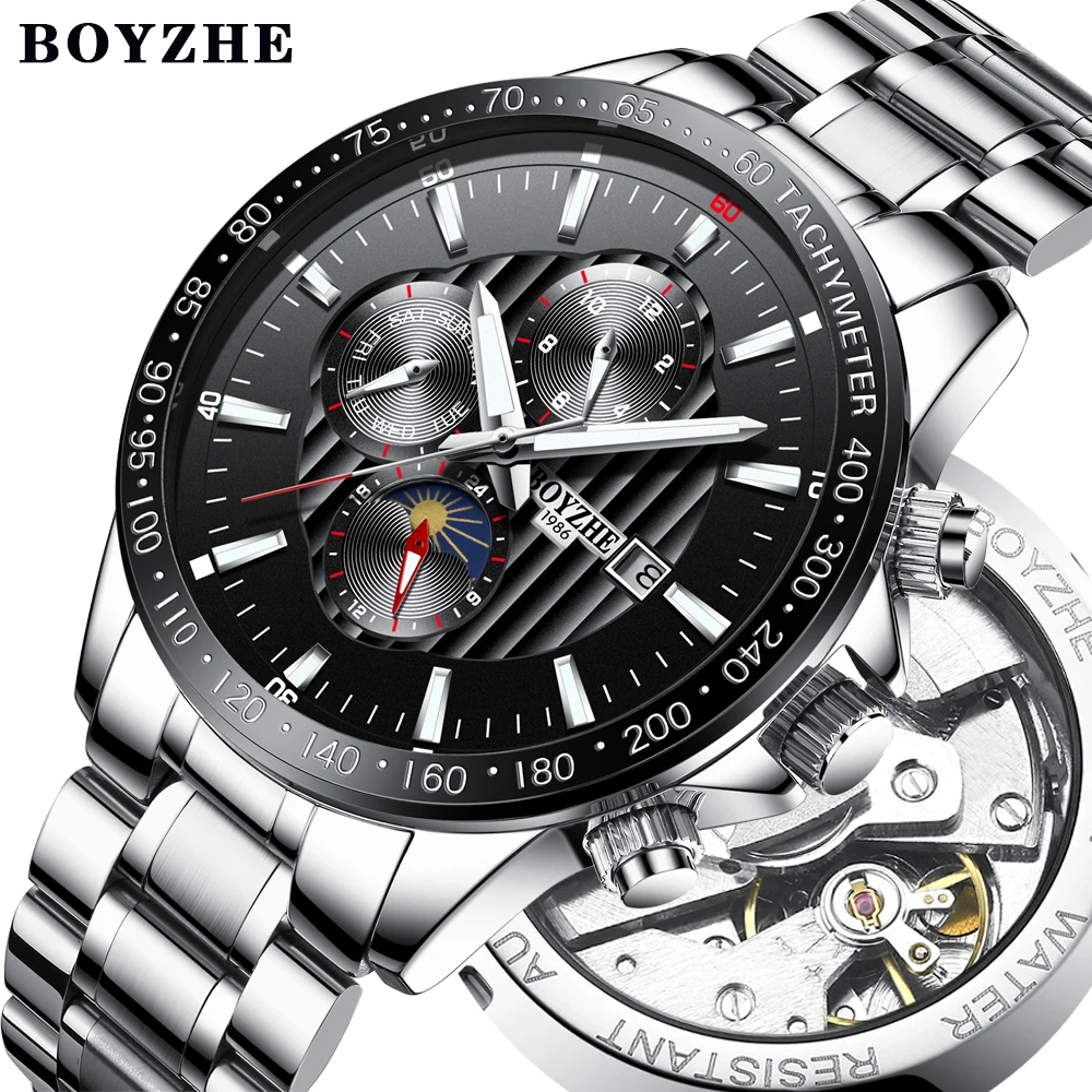 

Fashion Moon Phase Mechanical Watch Men Stainless Steel Top Brand Luxury Automatic Business Watch Men Clock relogio masculino