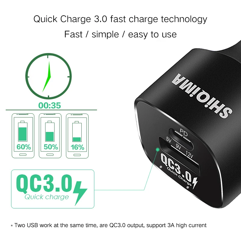 Автомобильное зарядное устройство USB PD SuperCharge QC3.0 2 порта двойной кабель для