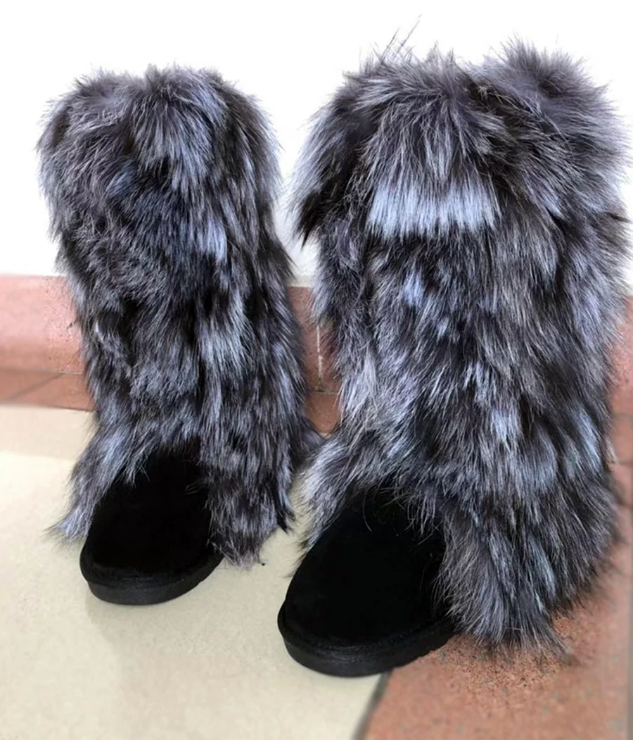 

Micholediys 2018 New Arrival Handmade Winter Fox Fur Blue Snow Boots Eskimo Botas Flat bottom Snow botas Woman Warm Shoes