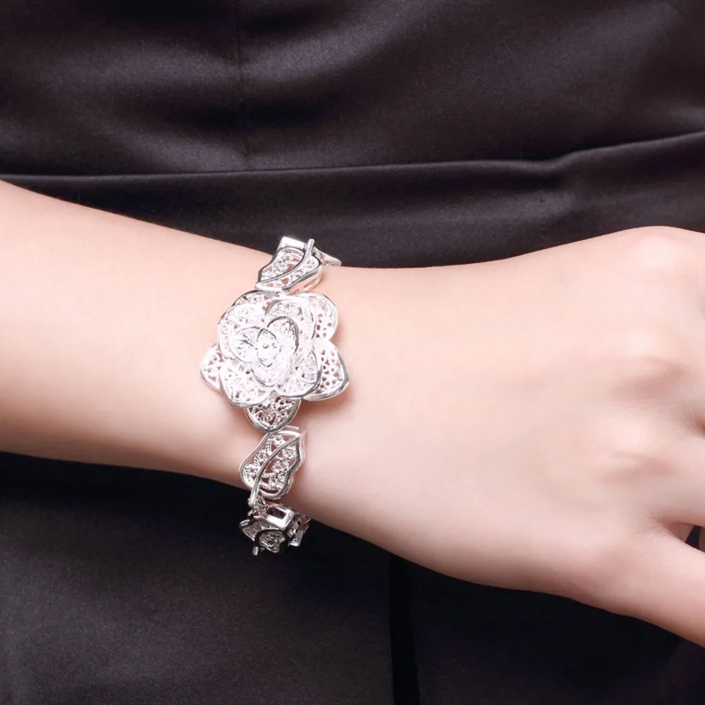 

New design Women silver bracelet big flower charm bracelet bangle fashion jewelry factory price jewelry