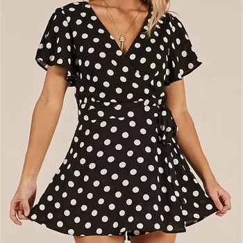 

2018 Ladies Ruffles Women Polka Dot Printed Mini Shirt Elegant Short Sleeve Casual High Waist Robe Femme c0302