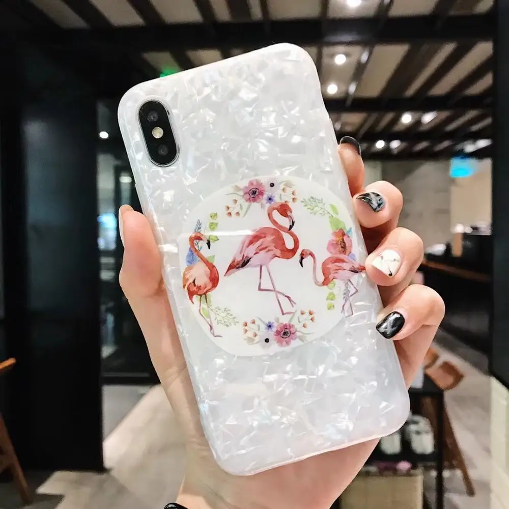 LUDI Cute Flamingo Conch Shell Phone Case for iPhone 7 7Plus Soft TPU Phone Bag for iPhone X 6 6s 8 Plus Vintage Funny Coque 9