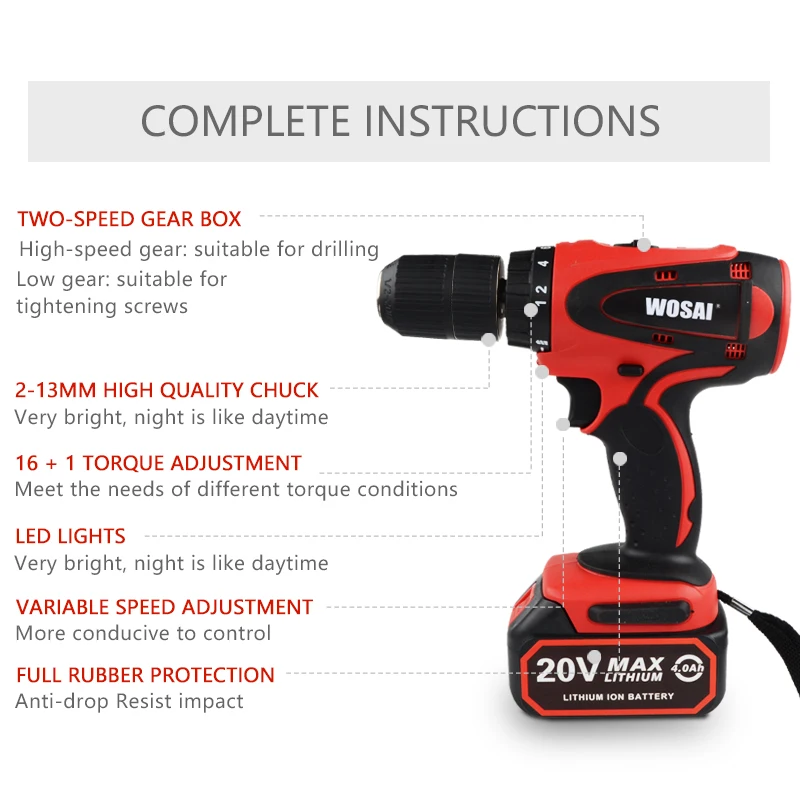  WOSAI 20V Cordless Electric Hand Drill Lithium Battery Electric Drill Cordless 2-Speed Drill Electr