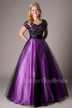 

Black Purple Ball Gown Modest Prom Dresses With Sleeves Floor Length Beaded Lace Appliques Tulle Prom Gowns Modest Cheap