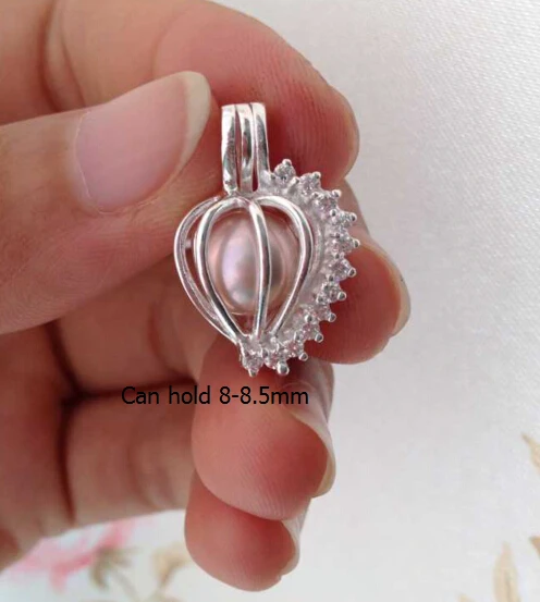 Can Put In Pearl Bead S925 Sterling Silver Heart-Shaped Cage Locket With Shiny Crystal Zircons Pendant Fitting For DIY Jewelry 2