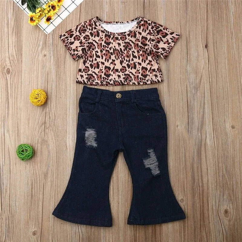 

Kids Baby Girl Clothes Sets Fashion Summer Leopard Print Short Sleeve Crop Tops Denim Flared Pants Holes Pants 2Pcs Outfits 1-5Y