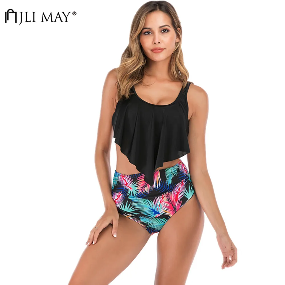 

JLI MAY Print Ruffle Bikini Set High Waist Conservative Summer Padded Swimwear Bathing Suits Mujer 2 piece Swimsuit Women