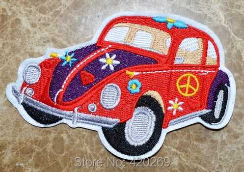 

HOT !4.7 inch big~ Psychedelic Beetle Car Punk Hippie Flower Iron On Patches, sew on patch,Appliques, Made of Cloth,100% Quality