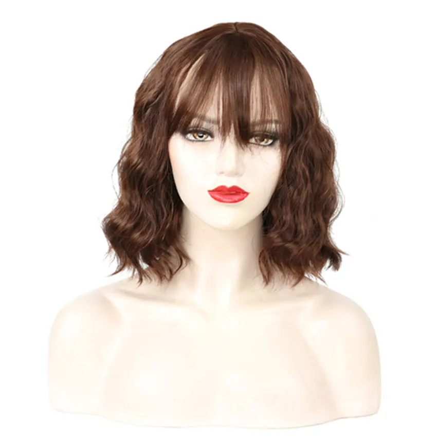 

Gres Flax Color Women Bob Wig with Bangs Medium Length Lady Artificial Hair Curly Synthetic Hair Topper Heat Resistant Fiber