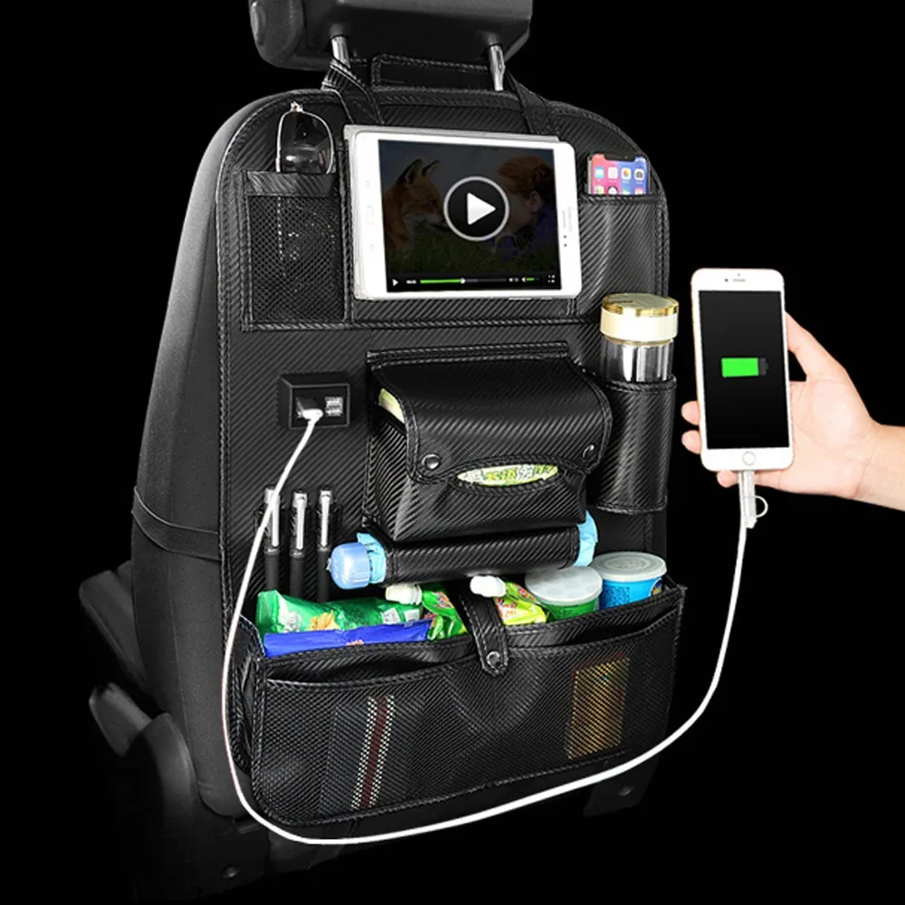 

USB High Quality PU Leather Car Rear Seat Organizer Waterproof Multi Pocket Car Back Seat Hanging Storage Bag Foldable Shelf