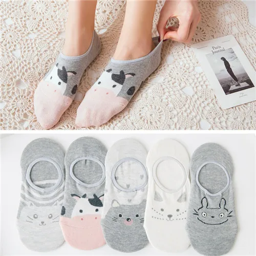 5 Pairs Women Cotton Socks Cute Animal Ankle Socks Cat Dog Summer Short Socks Girls Red Heart Kawaii Ear Funny Low Boat Socks - Цвет: 4