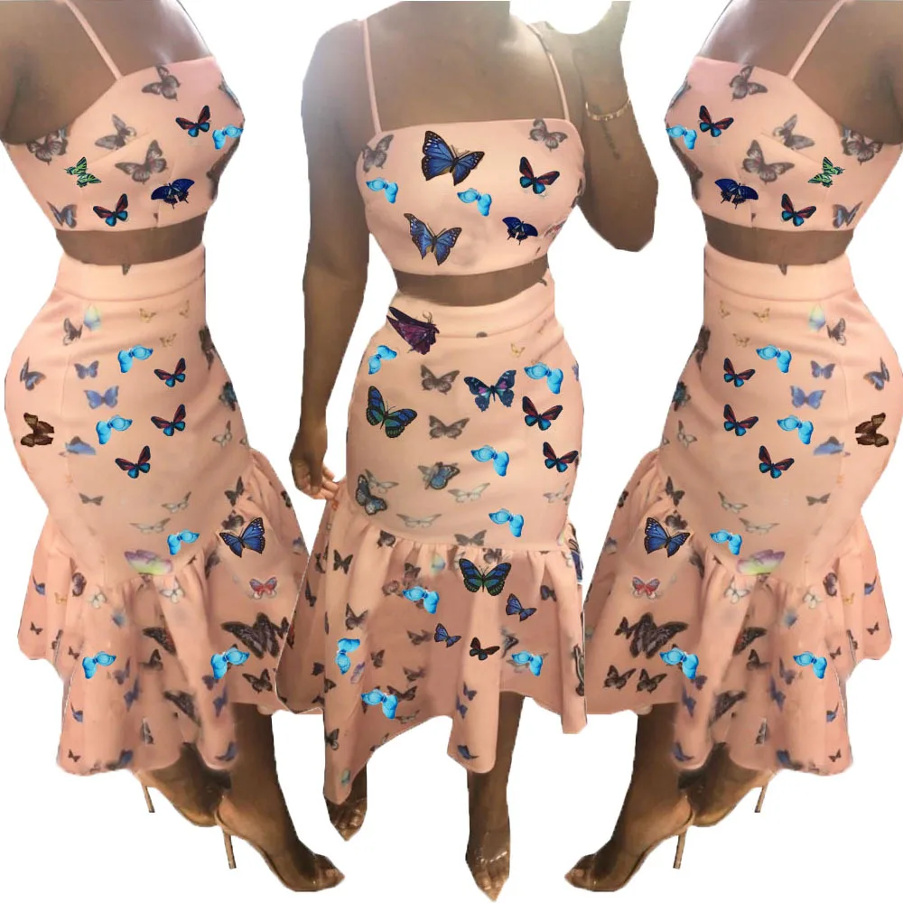 

Spring Summer Women Two Piece Set Top and Pants Plus Size Outfits Tracksuit Sweatsuit Butterfly Print Tops and Ruffles Skirts