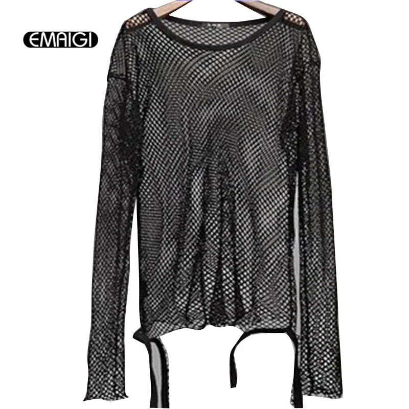

Men T Shirt Fashion Broken Mesh Hollow Slim T-shirt Street Cool Man Long Sleeve Tee Shirt Punk Rock Men Stage Cothing