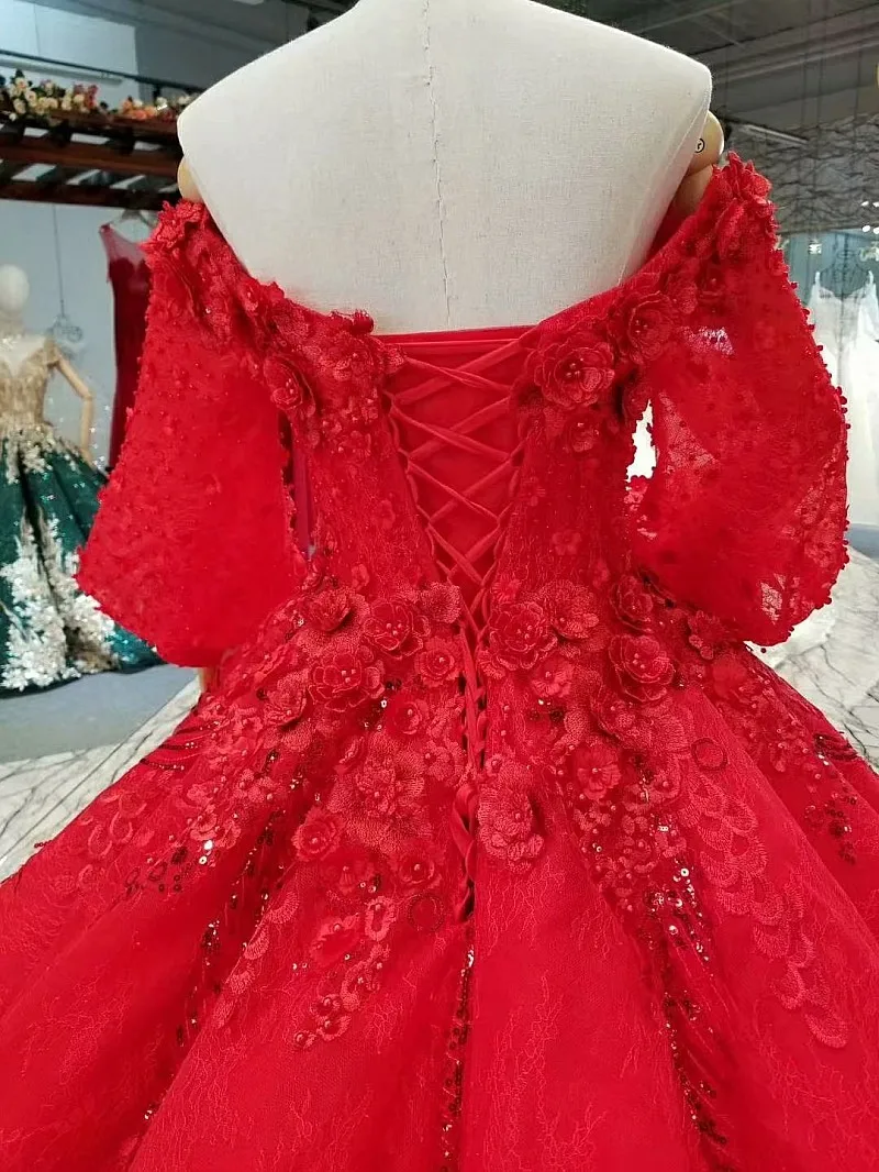 Роскошные Красные кружевные цветы Свадебные платья Пышные одежда с длинным рукавом, большая юбка волны Юбка-американка в том числе новый