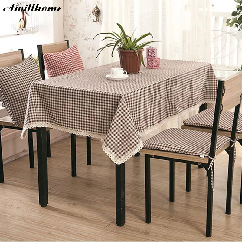 

Awillhome Thick grid cotton linen tablecloth simple table cloth for dining table 1pc