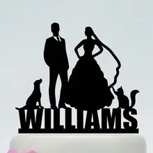 Пользовательские силуэт пары с собакой и кошкой свадебный торт топперы для новобрачных, вечеринка в честь новорождённого холостяка для вечеринки украшения