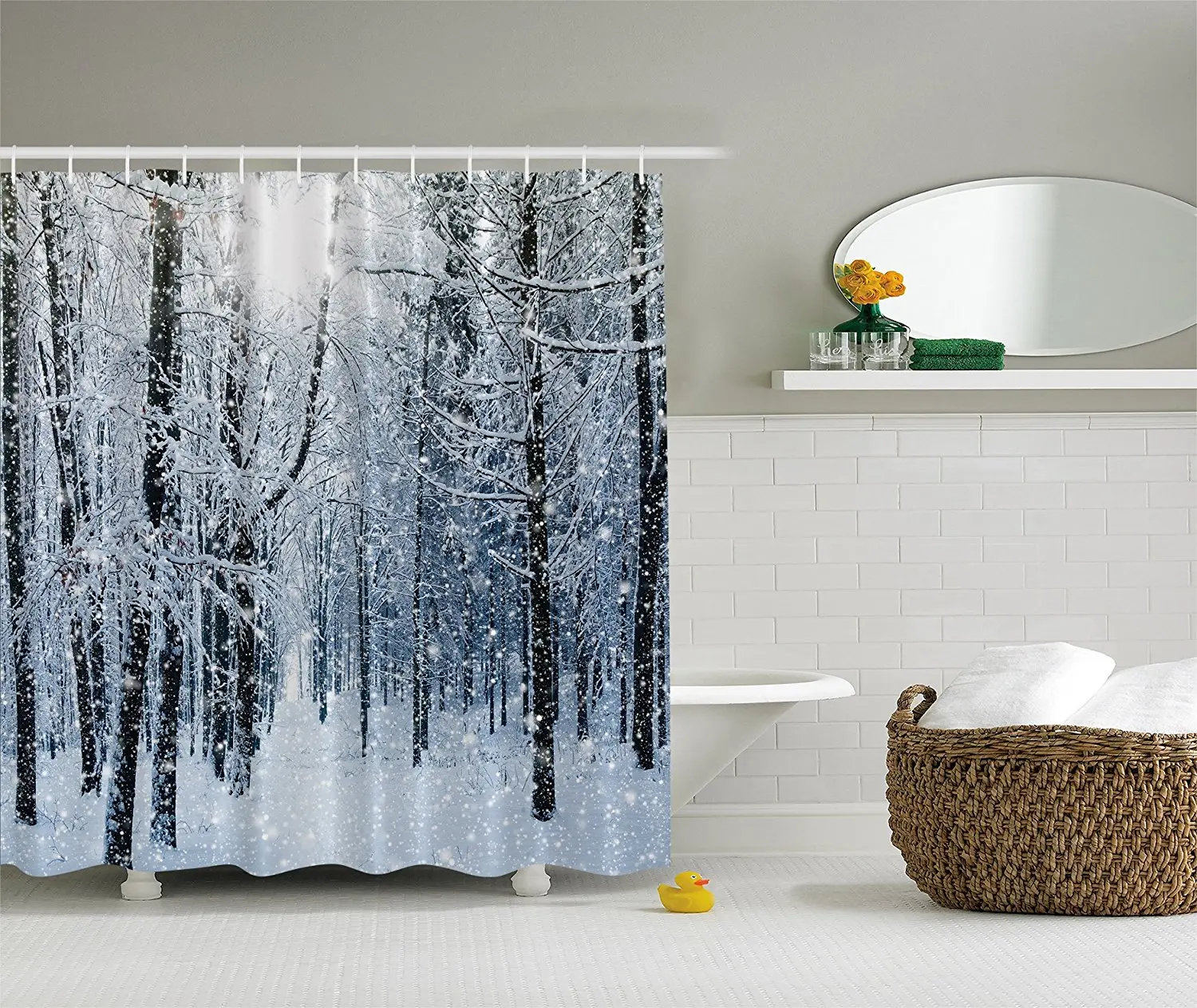 Forest Shower Curtain, Winter Snow on Trees, Blue and Whitein Shower