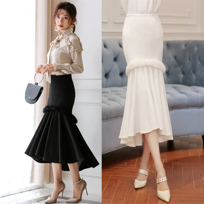 Модная длинная средняя удлиненная юбка для женщин XS-2XL стиль русалки стрейч женские черно-белые юбки с высокой талией