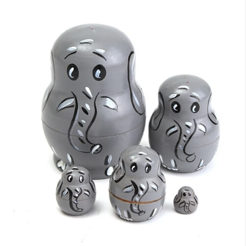 

5PCS/Set Animal Elephant Pattern Wooden Nesting Doll Ornaments Figurines Kids Toy Home Office Desktop Decor Crafts Russian Doll