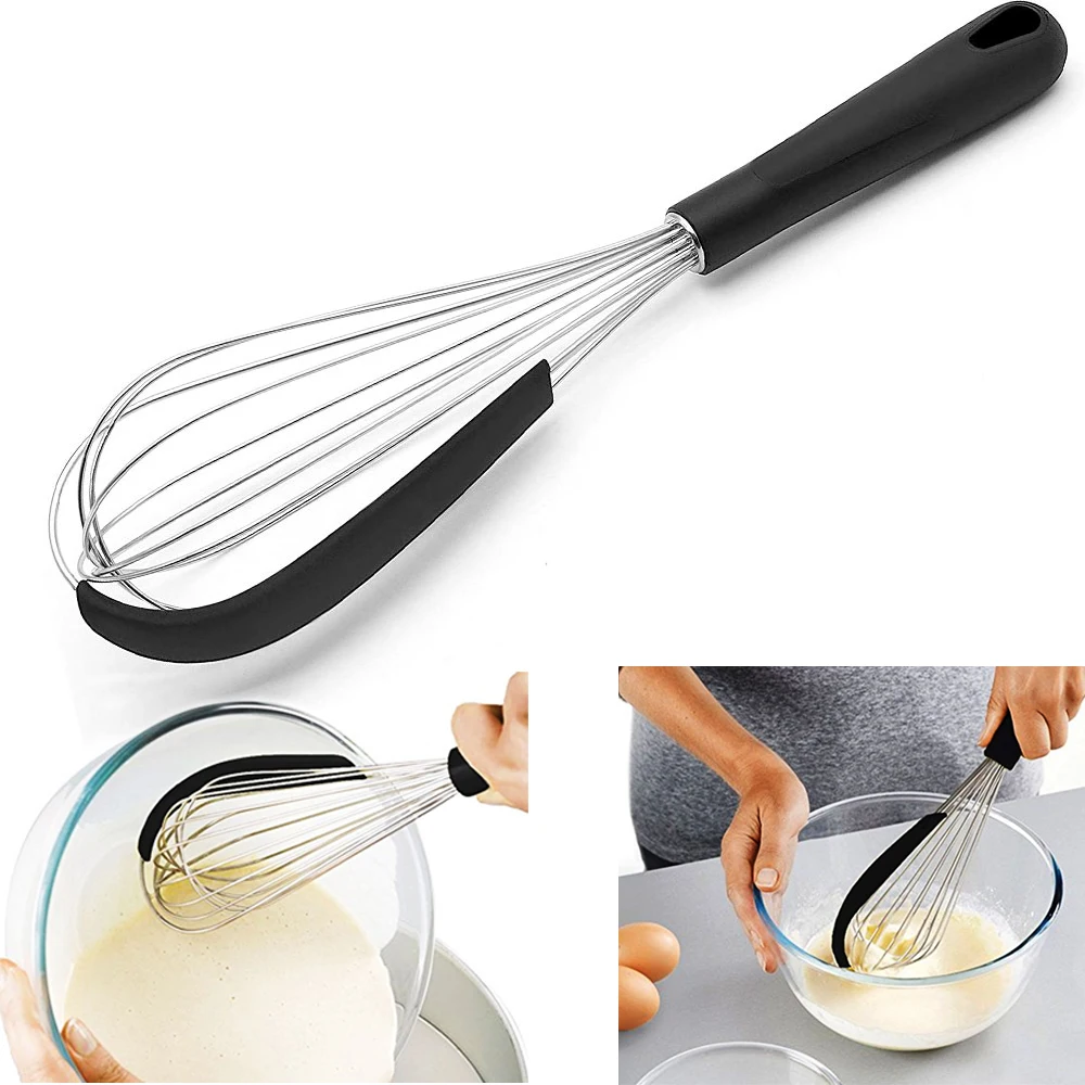 

1Pcs Stainless Steel Whisk, Egg & Milk Beater, Silicone handles, 2-in-1 With Integrated Bowl Scraper