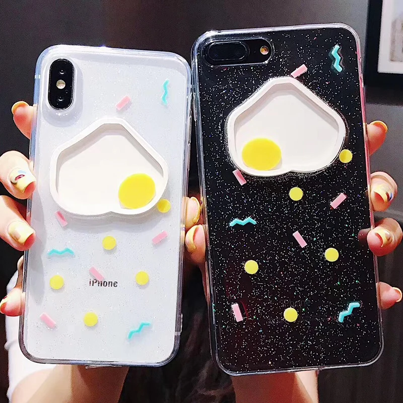 Hot selling Funny Cartoon poached egg Case For iPhone 7 Case For Apple iphone X 6S 6 7 8 Plus Soft  TPU Clear Glitter Phone Case (1)