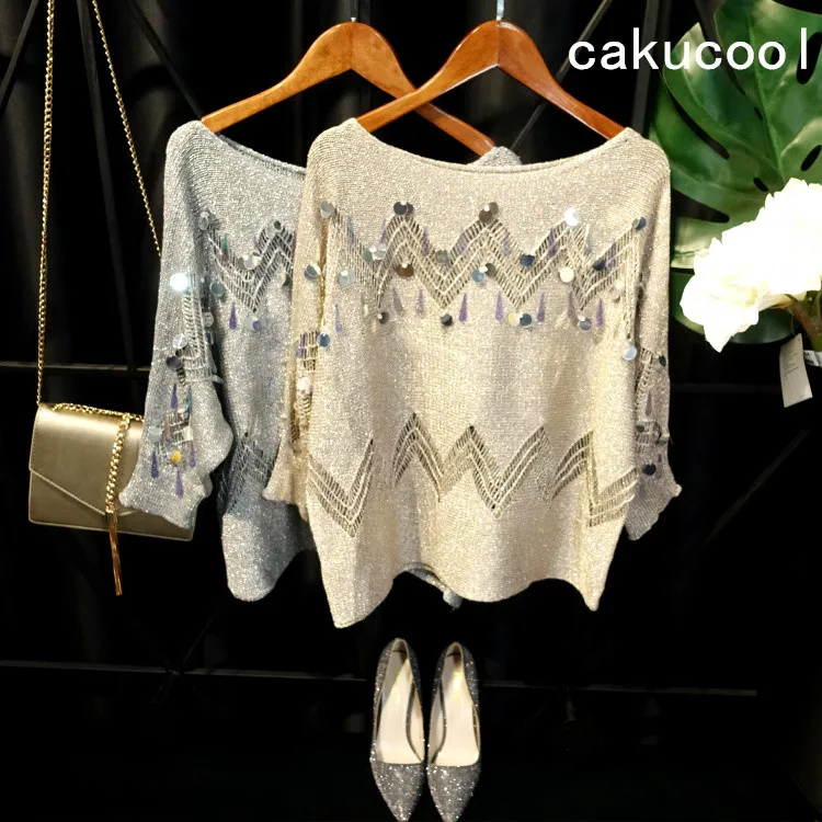 

Cakucool Women Spring Knitted Shirt Big o-neck Half Batwing Sleeve Pullover Sequins Hollow Out Loose Blouse Shirt Femme Tops