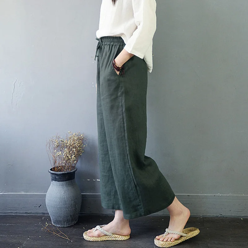 

SCUWLINEN 2019 Spring Trousers for Women Casual Solid Elastic Waist Loose Linen Wide Leg Pants Long Lacing Pants & Capris S835