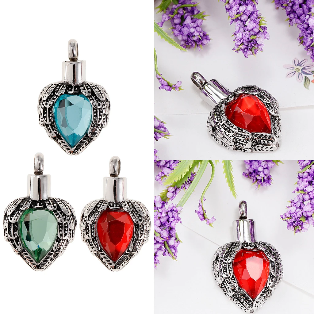 MagiDeal Faceted Gem Rhinestone Heart Stainless Steel Feathers Shape Urn Ash Pendant Cremation Charms