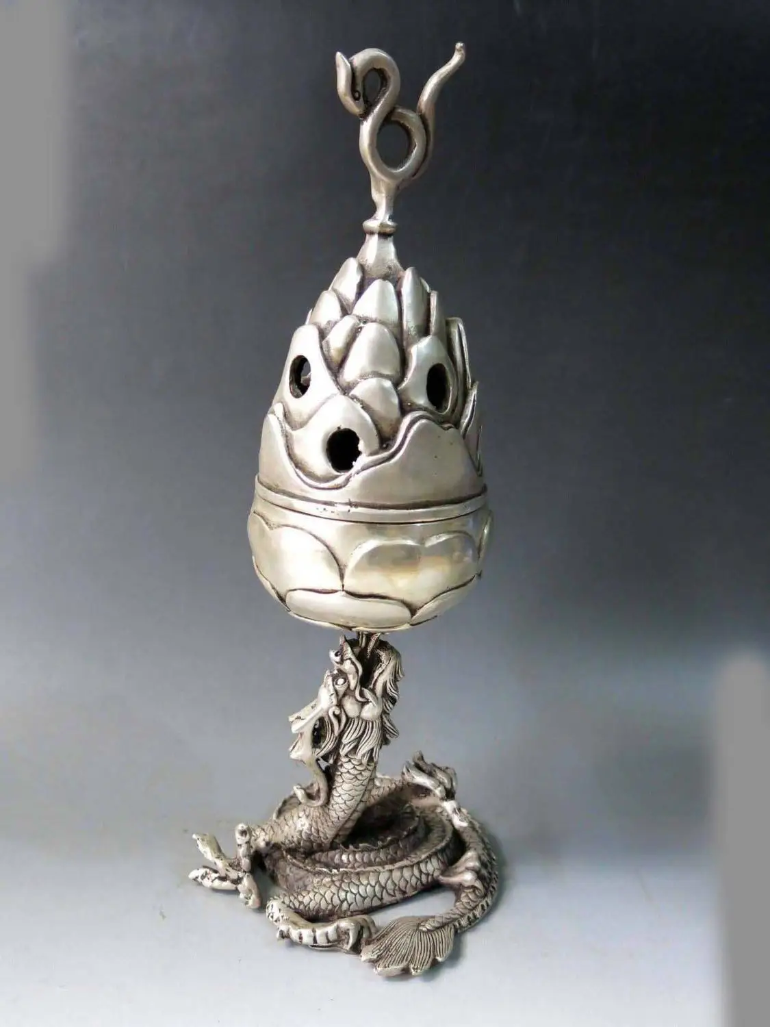 

13" China Silver carved Coiled Dragon censer Incense burner Sculpture Statue