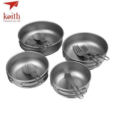 Conjunto de Talheres Keith Titânio Viagem Acampamento Ultraleve Tigelas Dobrável Spork Garfo Colher Faca 10 Peças Conjuntos Ti5374