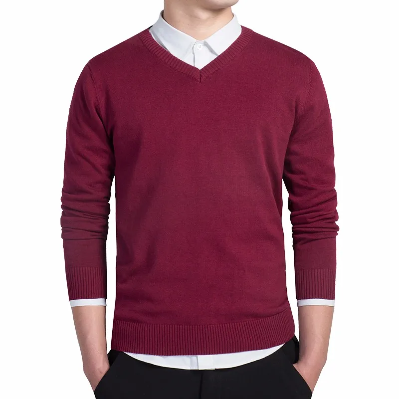 Осенне-зимний мужской качественный Тонкий Высококачественный вязаный Однотонный свитер из чистого хлопка мужская вязаная рубашка с v-образным вырезом для отдыха - Цвет: Red wine
