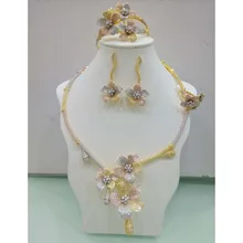 GODKI Flower Leaf Wreath Luxury 3 Tone Women Wedding Naija Bridal Cubic Zirconia Necklace Dubai Dress Jewelry Set