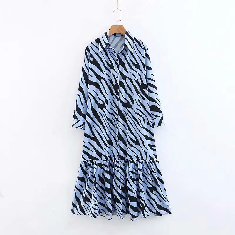 

2019 women vintage animal pattern print casual loose long dress female hem pleat ruffles vestidos brand business dresses
