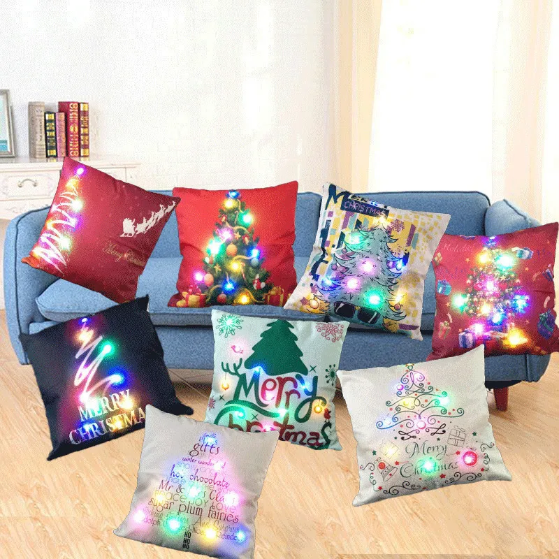 Luminous Christmas Cushion Cover LED Light Throw Pillows Cover For Sofa Home Car Xmas Decoration Deer Santa Claus Pillowcases