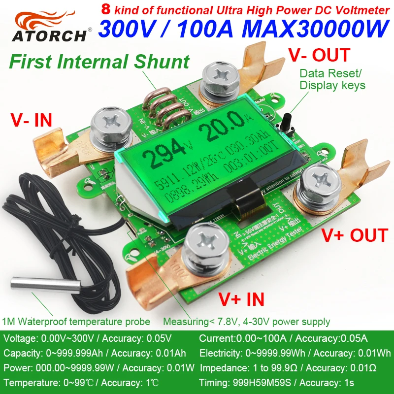 ATORCH точный счетчик энергии Напряжение Ток мощность DC 300 В/100А Вольтметр Амперметр Greem подсветка перегрузки функция сигнализации в помещении
