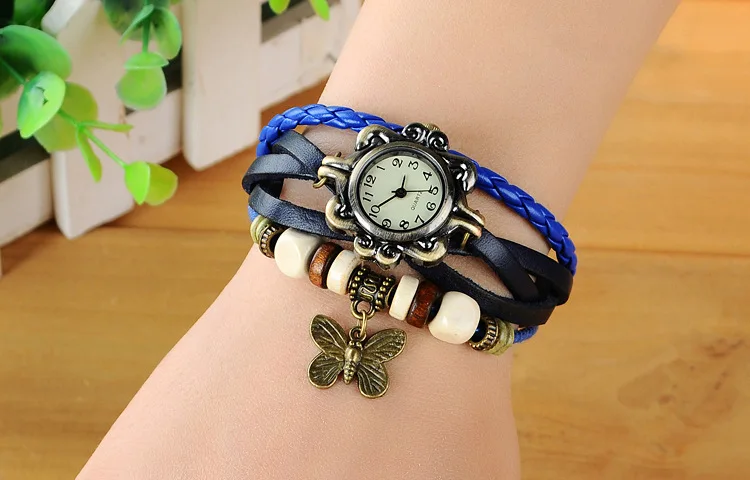 Мода часы женские Корейский стиль винтаж Деревянные бусины бабочка подвеска женские часыИскусственная кожа Канаты часы женские наручные часы женские с браслетом часы наручные часы наручные женские