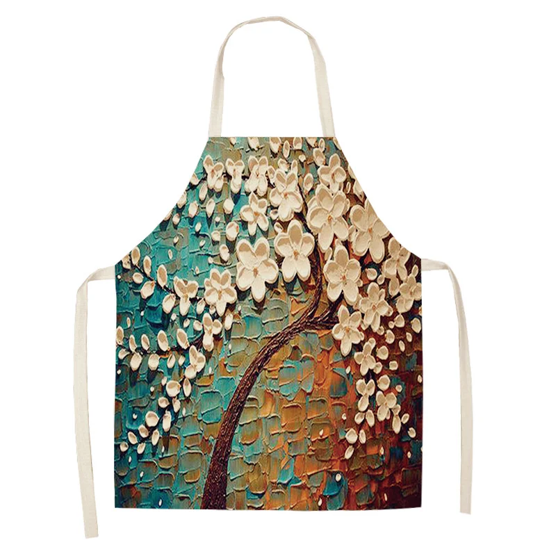 1 Pcs 68cmx55cm Plant Flower Aprons for Woman Sleeveless Apron Home Cotton Linen Apron Kitchen Cooking Bibs Cleaning Tools
