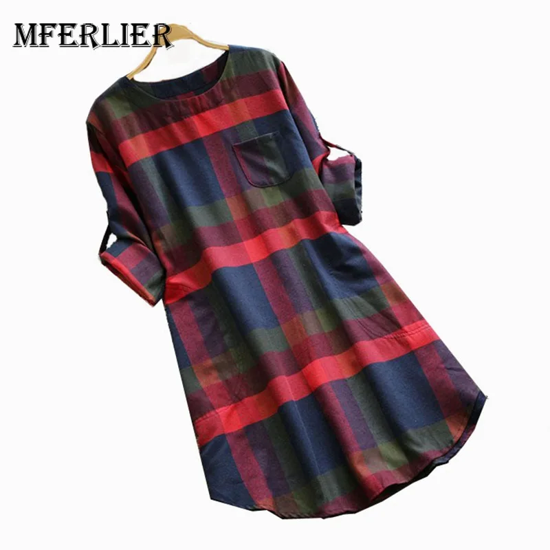 

Mferlier Mori Girl Autumn Winter Plaid Dress O Neck Adjustable Long Sleeve Pocket Loose Casual Ladies Dresses