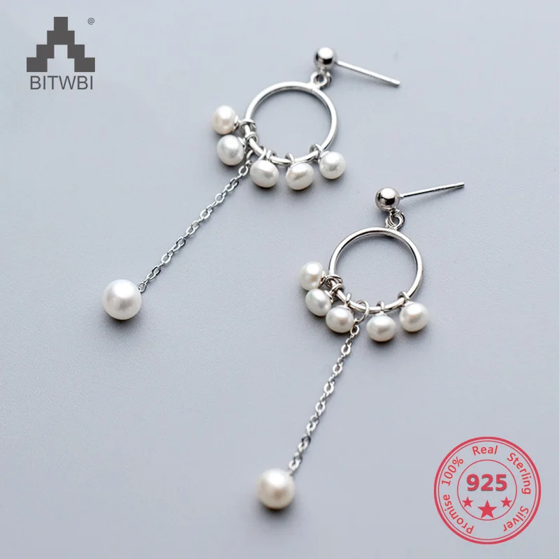 

Hot Sale 100% 925 Silver Dangle Earring Fashion Freshwater Pearls Hoop Tassel Drop Long Chain Dangle Earrings Women Jewelry