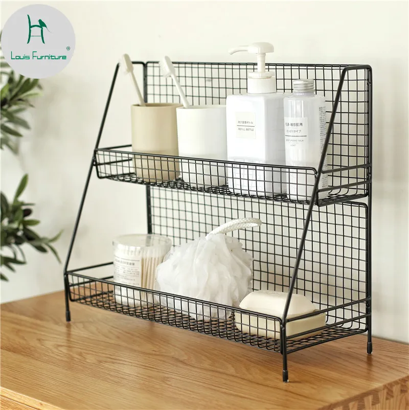 

Louis Fashion Nordic Iron Desk Table Top Shelves Cosmetics Kitchen Multi-functional Double Deck Finishing Rack